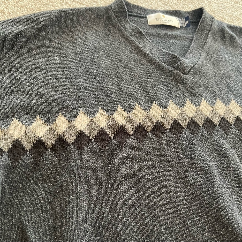 Bill Blass Cotton Charcoal Knit Sweater w Beige Diamond stripe all around XL - Picture 2 of 8